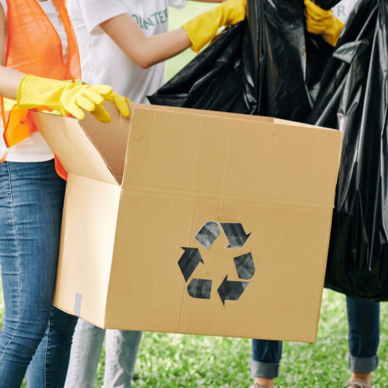Volunteers putting stuff in a box, understanding plastic’s environmental impact