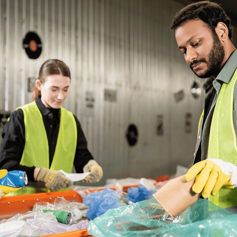 Workers in a recycling facility sorting plastics